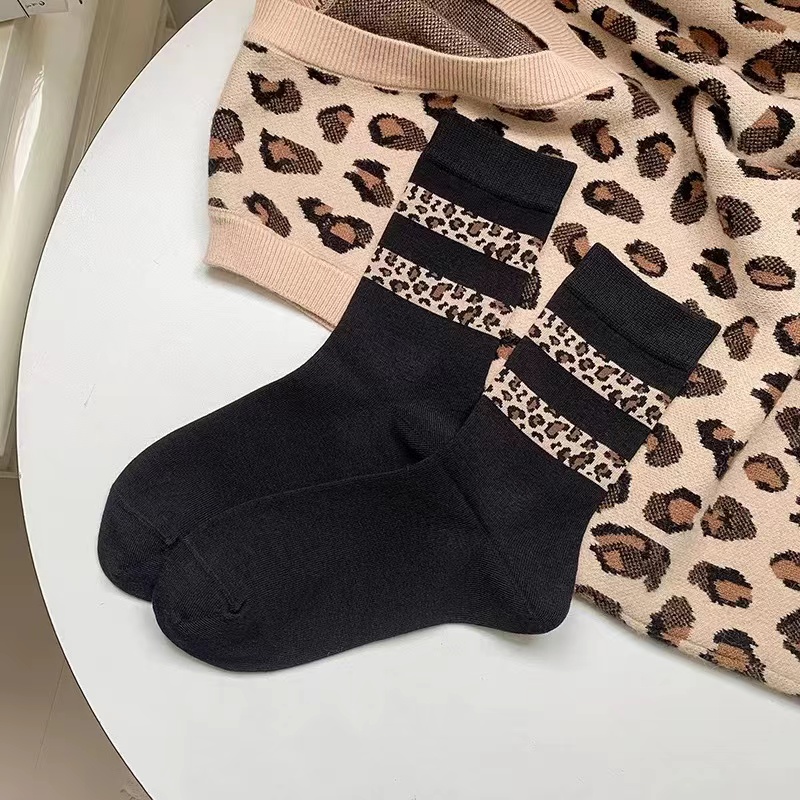 【6双装】拼豹纹百搭中筒袜