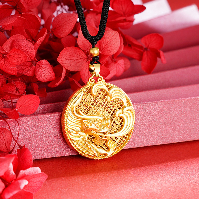 铜合金项链 新款 镂空祥云龙牌项链吊坠福字龙头圆牌高保色