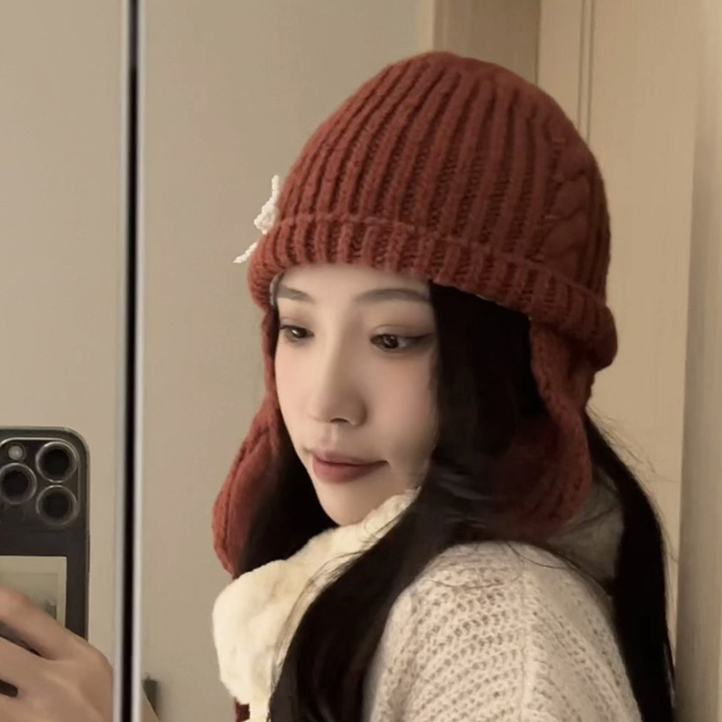 【章鱼梦】可爱蝴蝶结红色毛线帽子女大头围加厚骑车保暖护耳雷锋帽