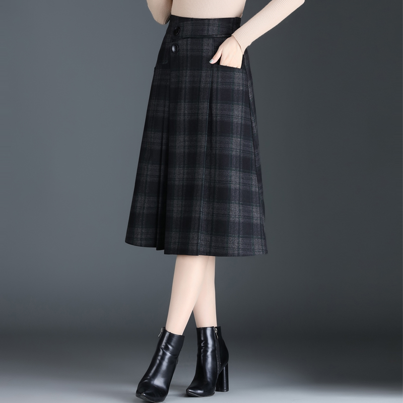 毛呢半身裙秋冬加厚冬裙2025新款高腰显瘦中长款不规则格子a字裙