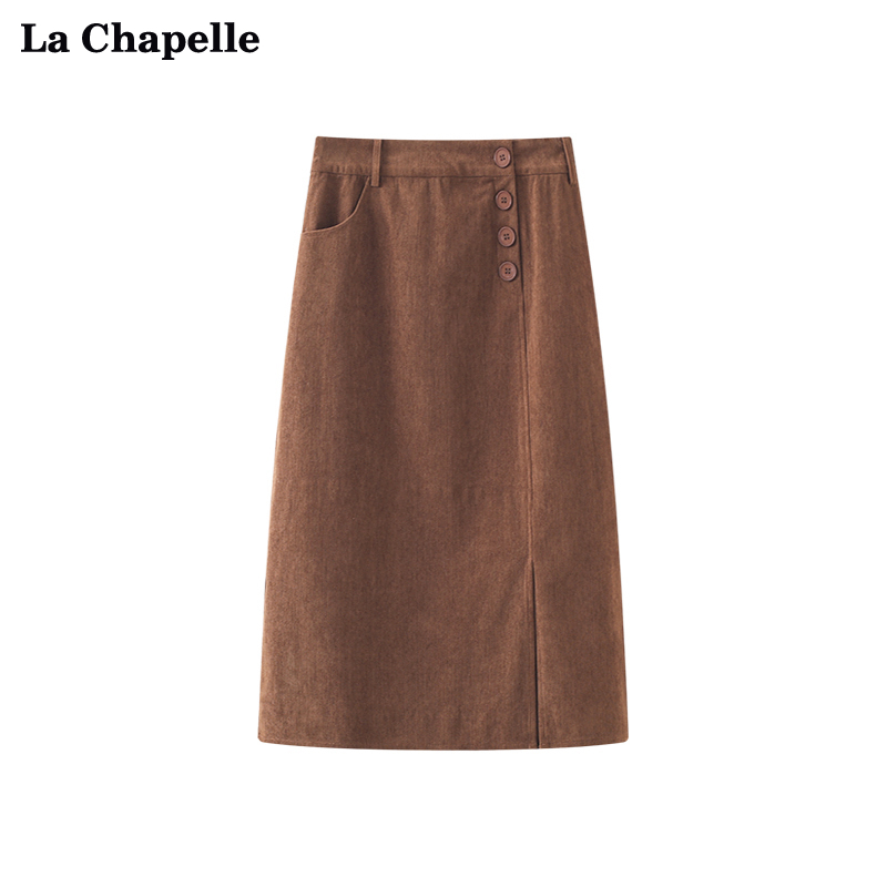 拉夏贝尔/LaChapelle开叉条绒半身裙女高腰显瘦高个子长裙新款冬