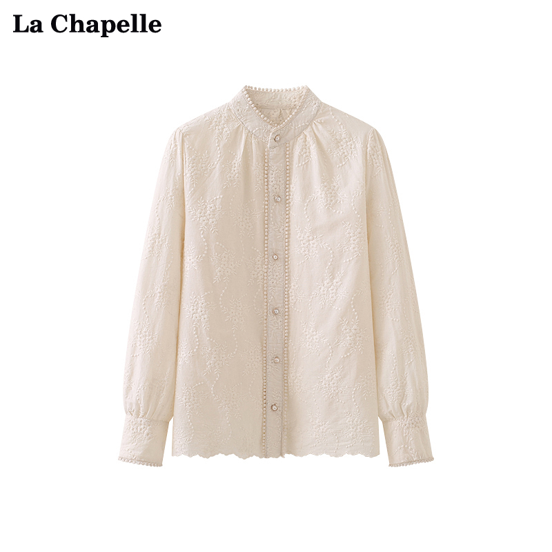 拉夏贝尔LaChapelle立领小花刺绣珍珠扣长袖衬衫法式气质衬衣春女