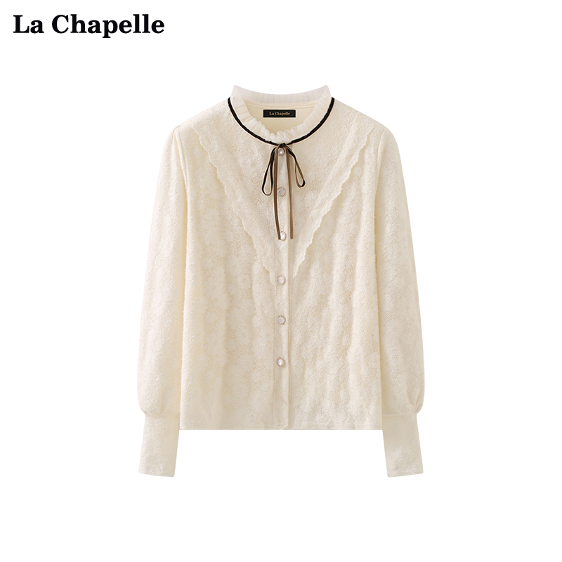 拉夏贝尔LaChapelle法式甜美气质系带木耳边蕾丝加绒衬衫女春季