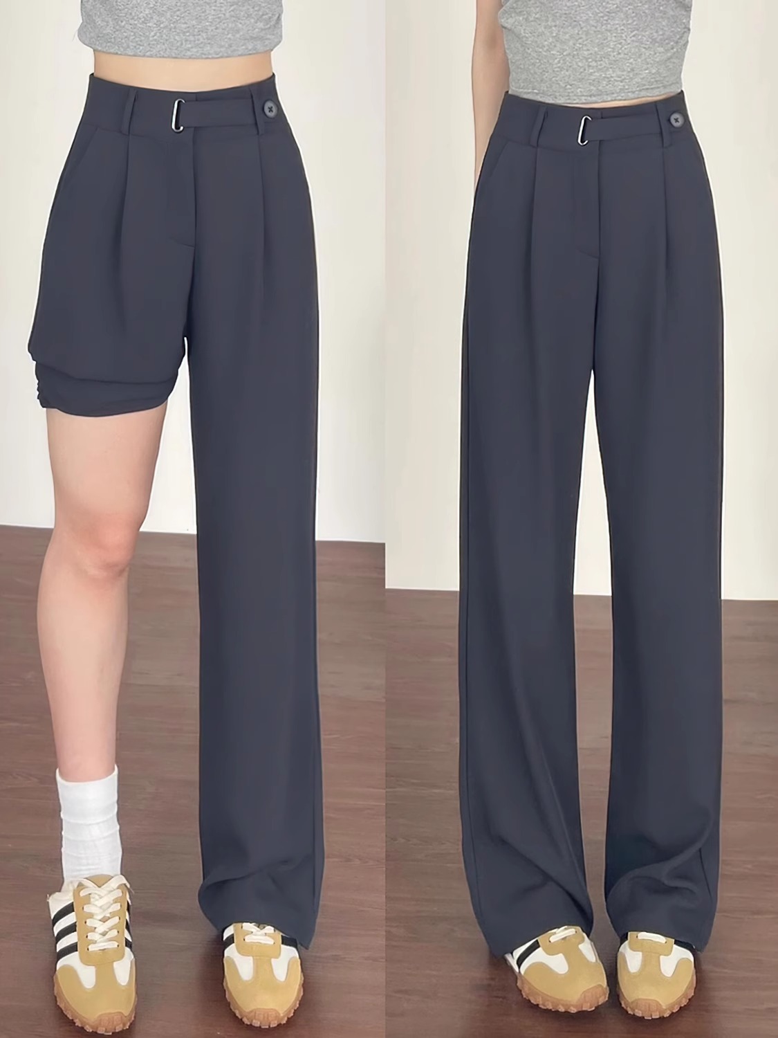 设计感灰色西装裤女夏薄款胖妹妹mm梨形身材高腰宽松显瘦休闲裤子