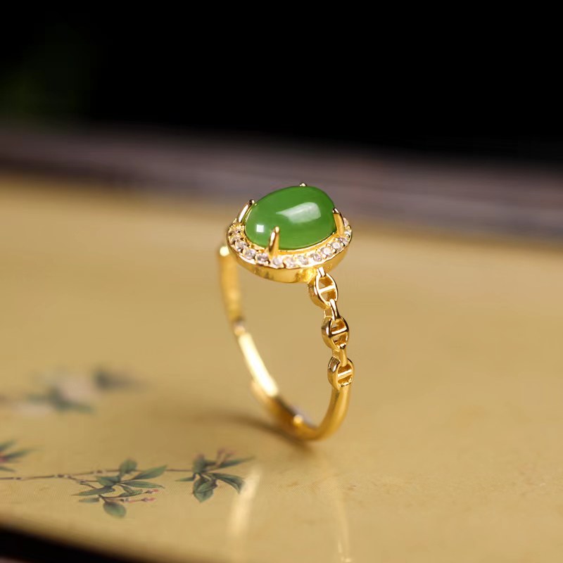 和田玉碧玉S925银镀金镶苹果绿女款戒指圈口可调工艺满绿气质镶嵌