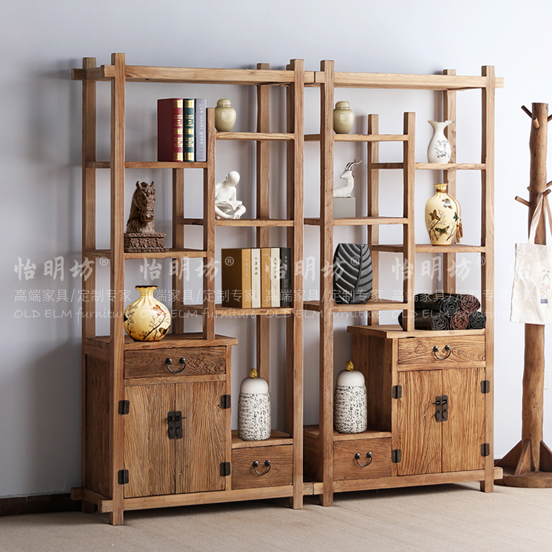 怡明坊老榆木博古架实木书架新中式置物架酒架多宝阁书房装饰定制