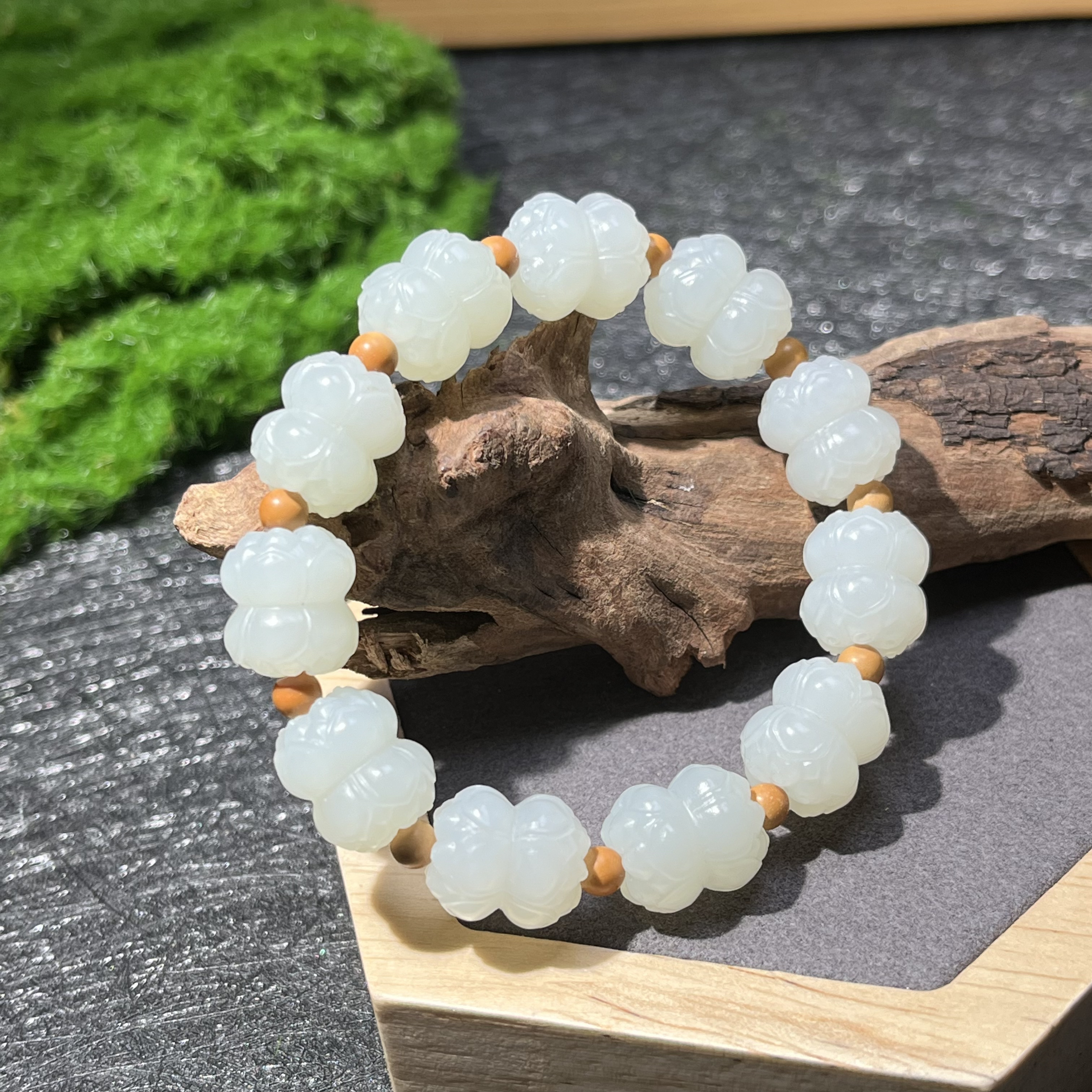 天然和田玉并蒂莲手串男士女士 优雅时尚气质百搭简约国风