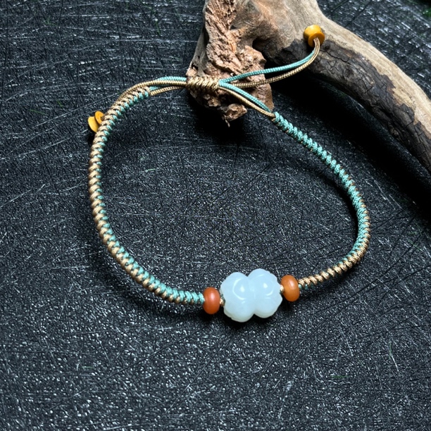 天然和田玉并蒂莲荷花珠子双生花手链手串手绳时尚编绳简约百搭