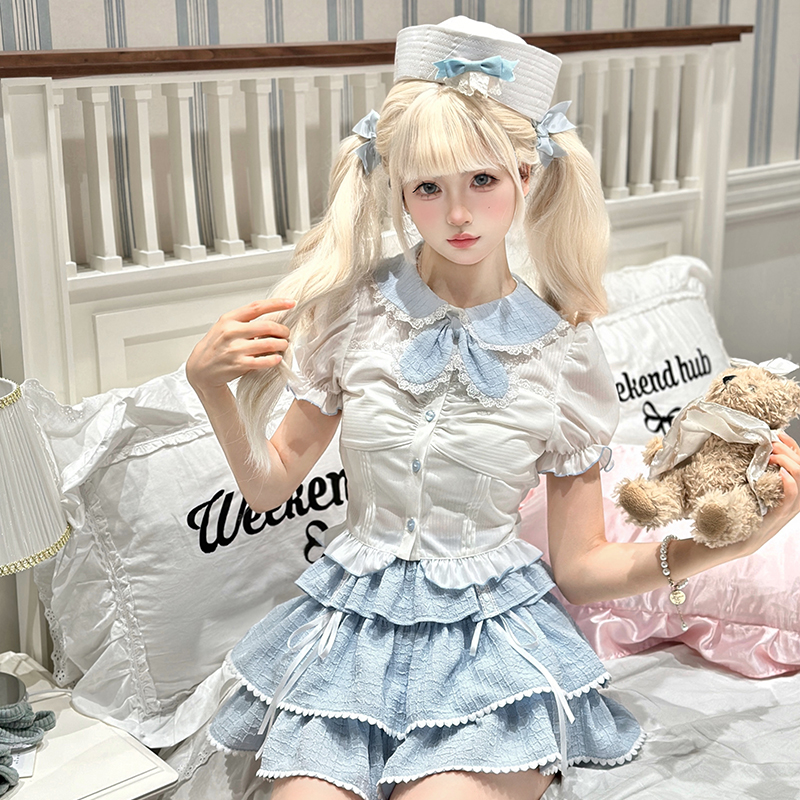 【夏季新款】御茶家 海盐泡泡 奶甜可爱公主风蓝白蛋糕裙套装