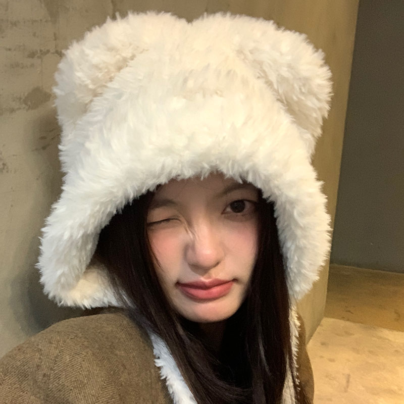 可爱毛绒绒小熊耳朵帽子女秋冬骑车加绒保暖护耳大头围雷锋帽加厚