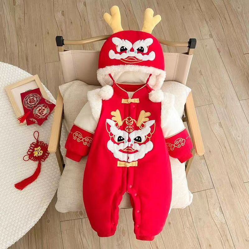 婴儿冬款加厚连体衣服过年宝宝百天抓周年红色喜庆加绒外出拜年服