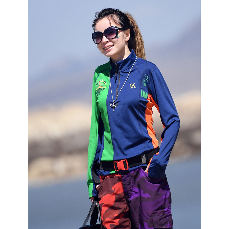 【偏修身】森林户外春秋原创印花不规则弹力拼色速干衣长袖T恤女