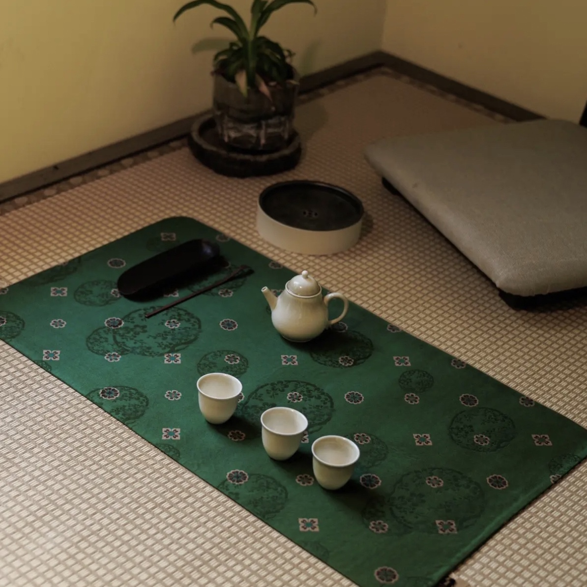 绿宝相精美手工茶席6638单面真丝香云纱干泡布垫餐垫茶室茶席