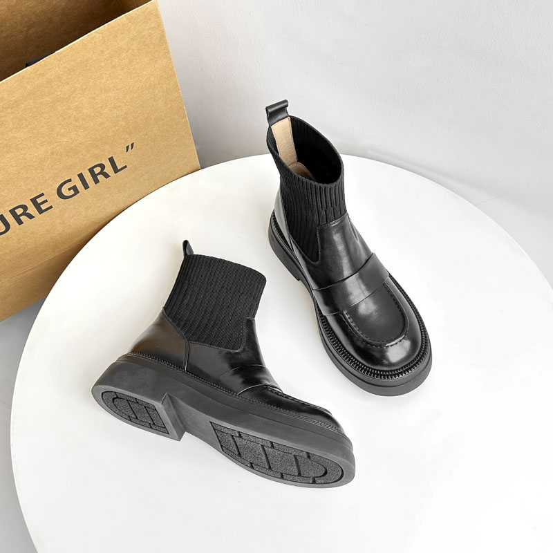 【现货】4cm/UE1502牛皮拼接袜靴女厚底增高短靴春秋单靴马丁靴