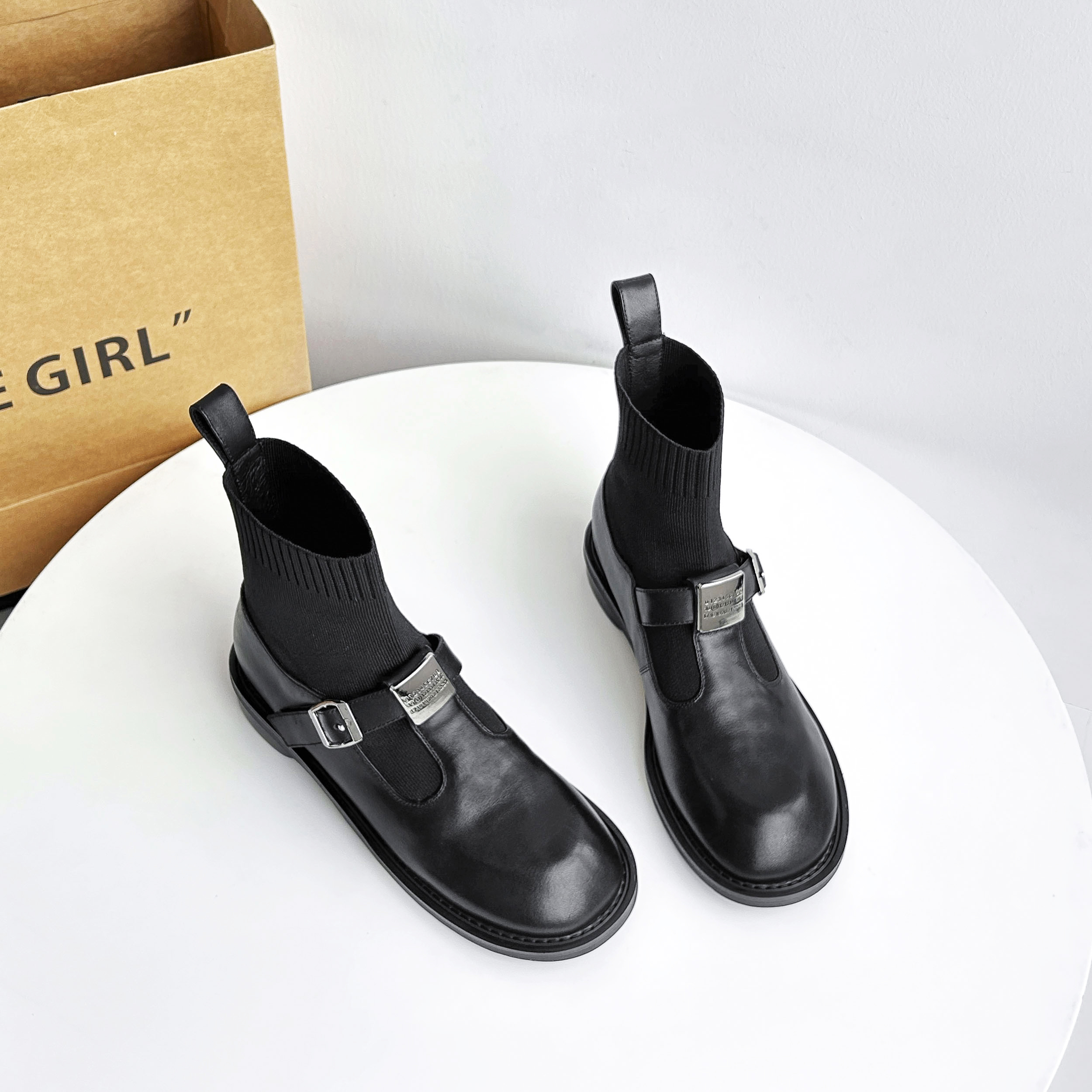 【现货】3cm/UE1539牛皮秋冬短靴女新款显瘦弹力袜靴圆头女靴