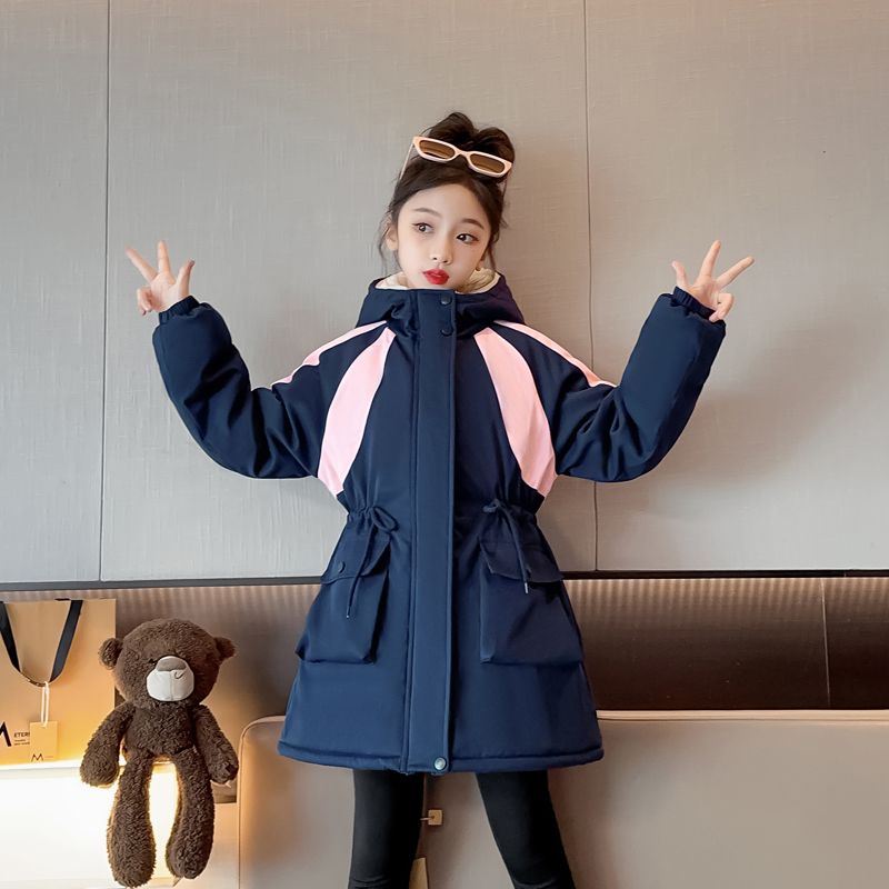 鸭鸭女童外套新款夹棉加绒派克服中大童中长款连帽棉袄显瘦小女孩