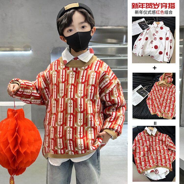 亲子装拜年服韩版儿童新年毛衣冬季中大童加厚打底衫男童连帽上衣