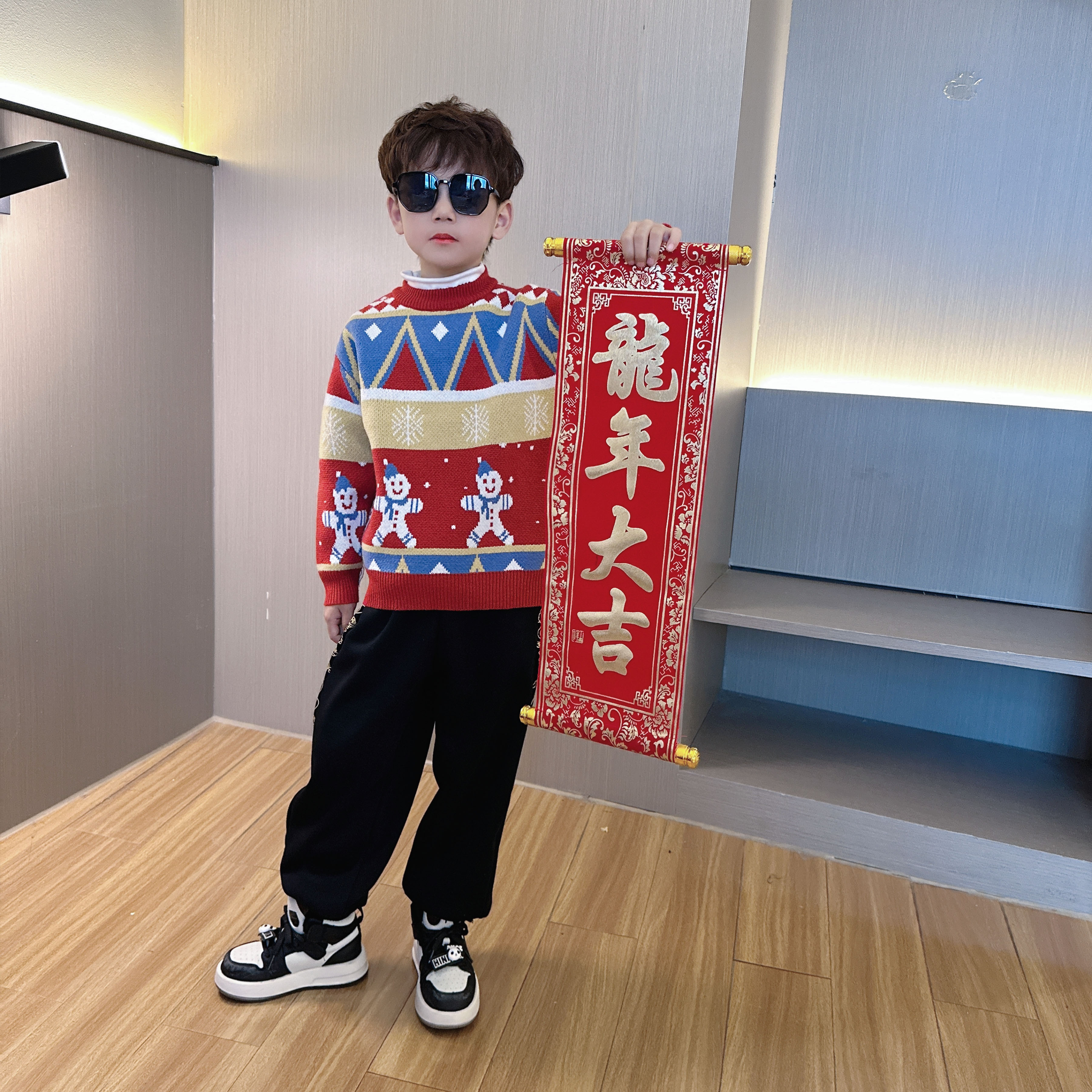 男童毛衣秋冬款2023新款大儿童冬季圣诞节礼物加厚冬装红色喜庆潮