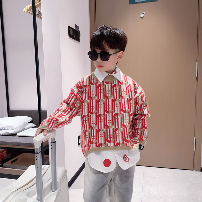 男童新年毛衣冬装红色拜年服慵懒风中大童圆领保暖韩版打底针织衫