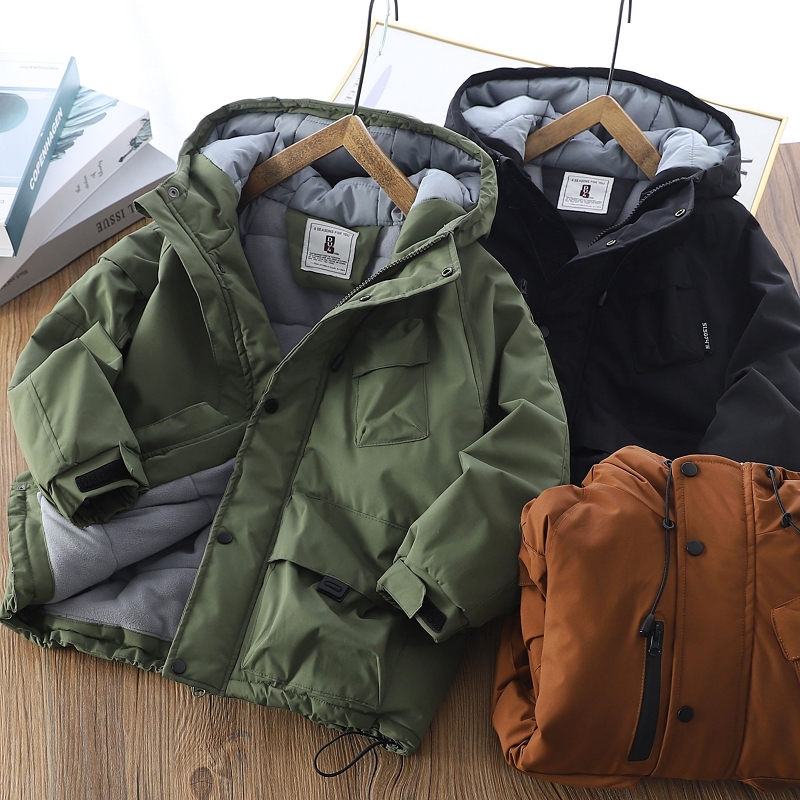 男童夹棉冲锋衣外套2025冬季儿童防风保暖棉衣中大童加厚连帽棉服