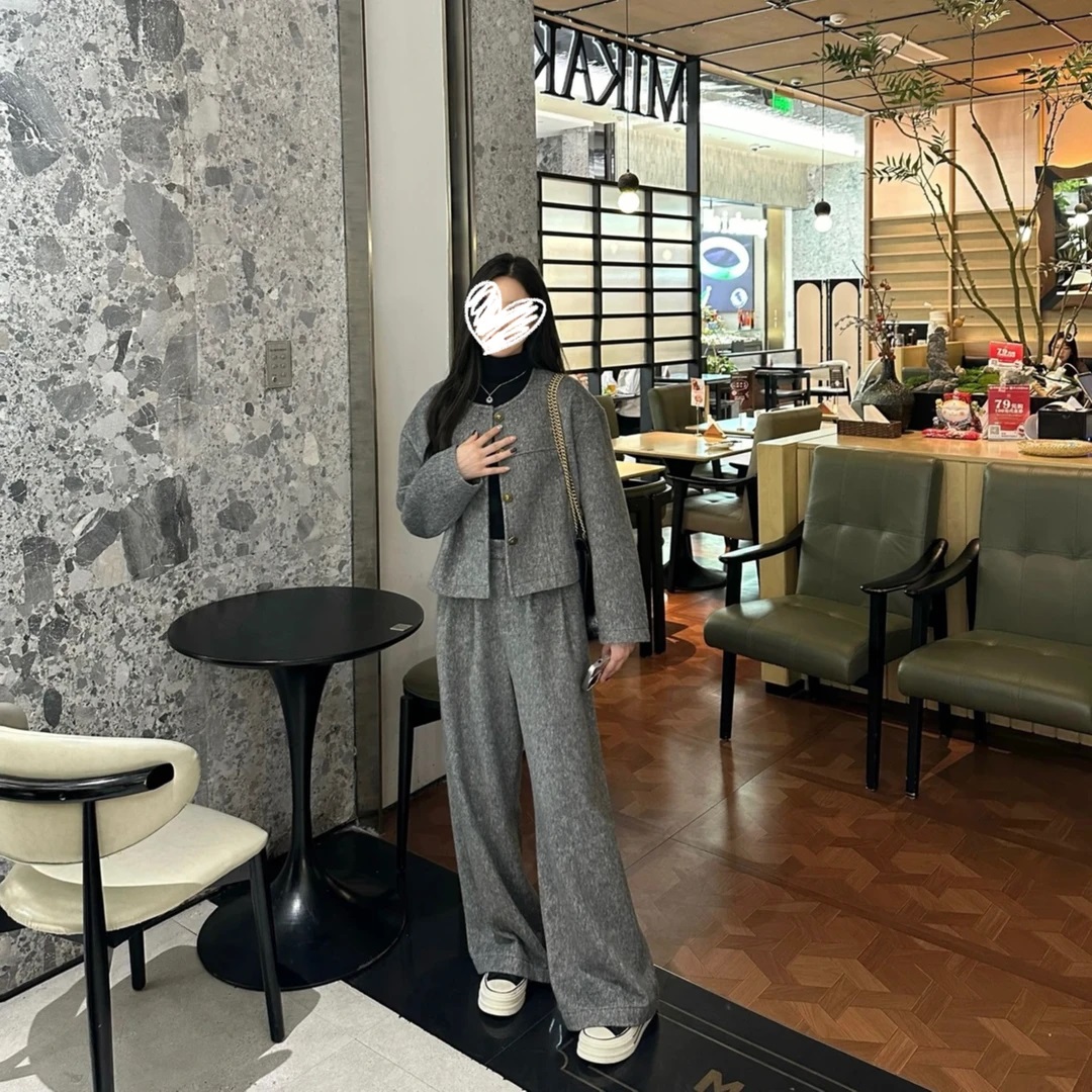 2024秋冬新款女装宽松显瘦毛呢外套阔腿裤小香风套装时尚套装