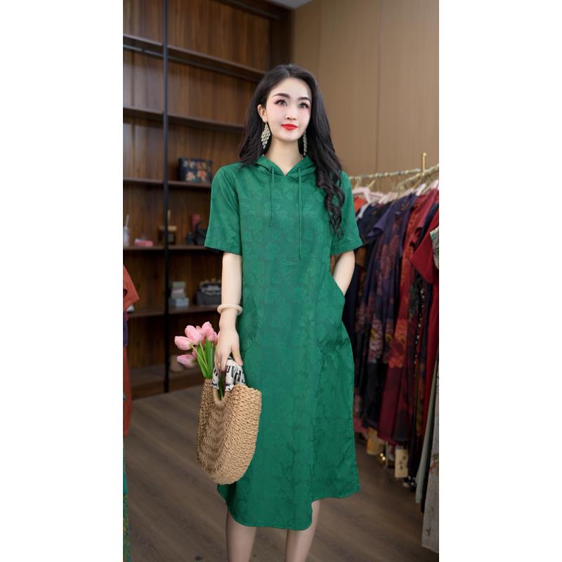 7686-22翡翠琉璃绿葡萄叶单层双面穿连衣裙