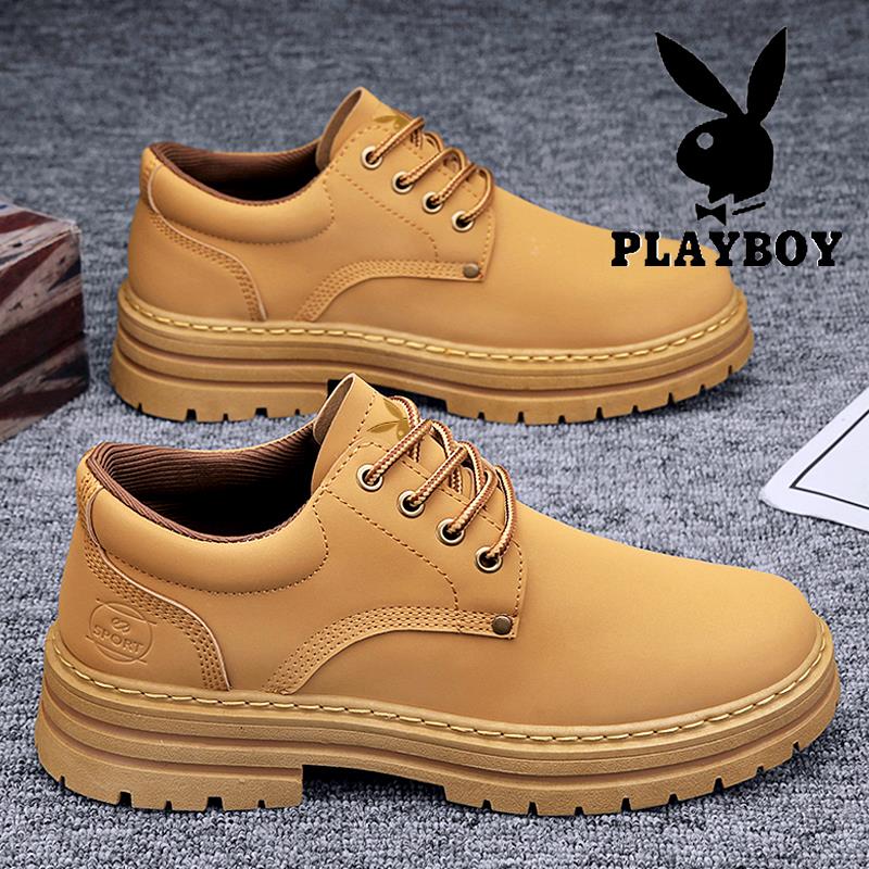 PLAYBOY潮流男鞋冬款工装马丁靴男低帮大头皮鞋男防水工作劳保鞋