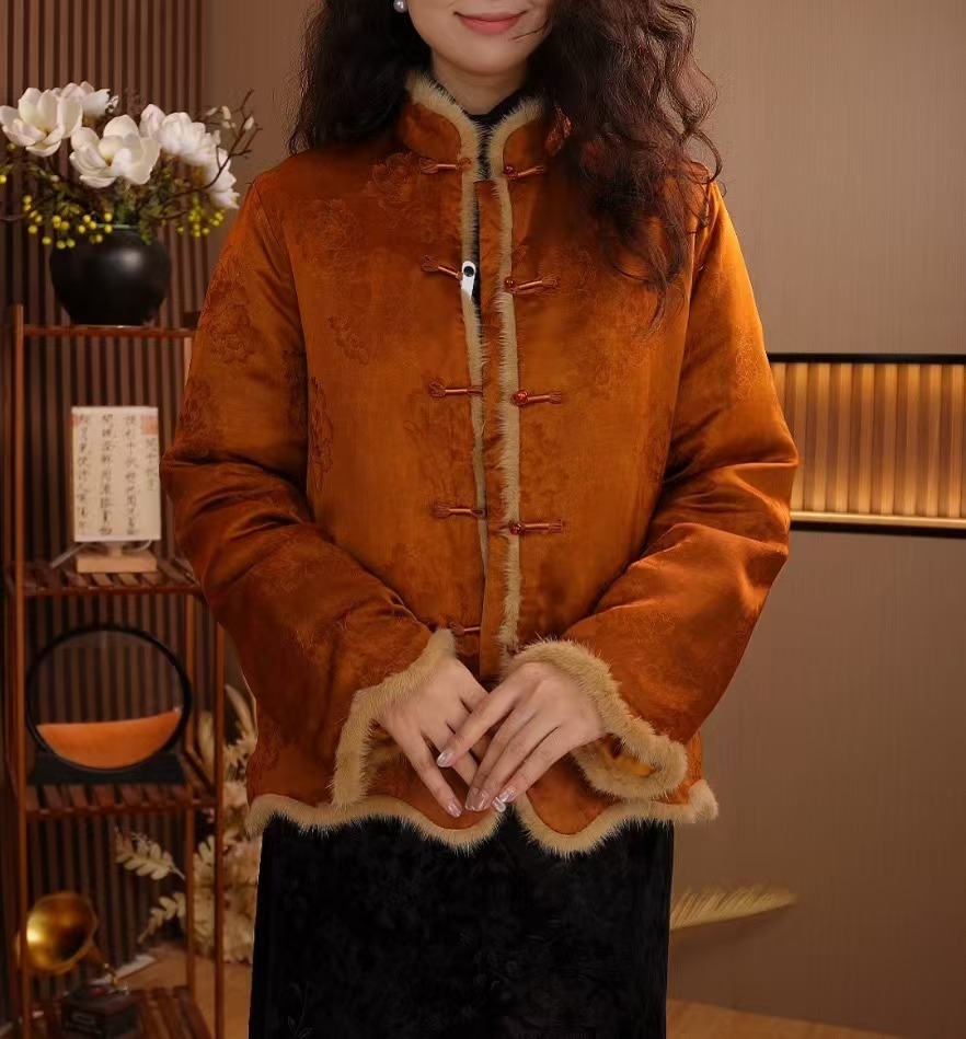 金风玉露/新中式气质复古国风冬季提花加厚毛领外套2024D0710雨情