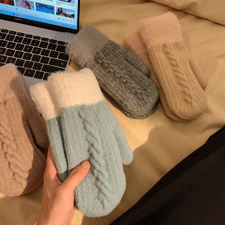 加绒连指手套女冬季保暖防寒加厚韩版ins可爱针织毛线护手套C125