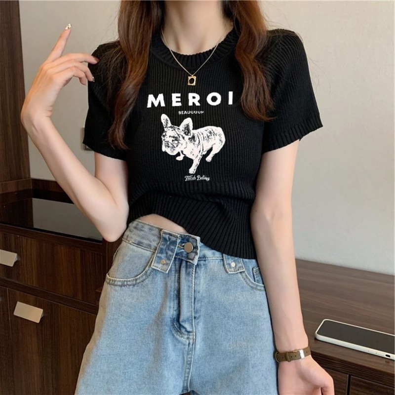 冰丝针织薄款小上衣辣妹女甜美风短款短袖夏季新款小狗印花百搭
