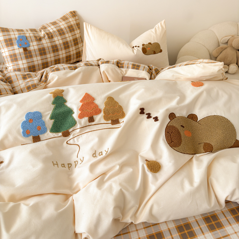 手拉手【卡皮巴拉】纯棉磨毛卡通刺绣四件套全棉加厚床上ins三件套