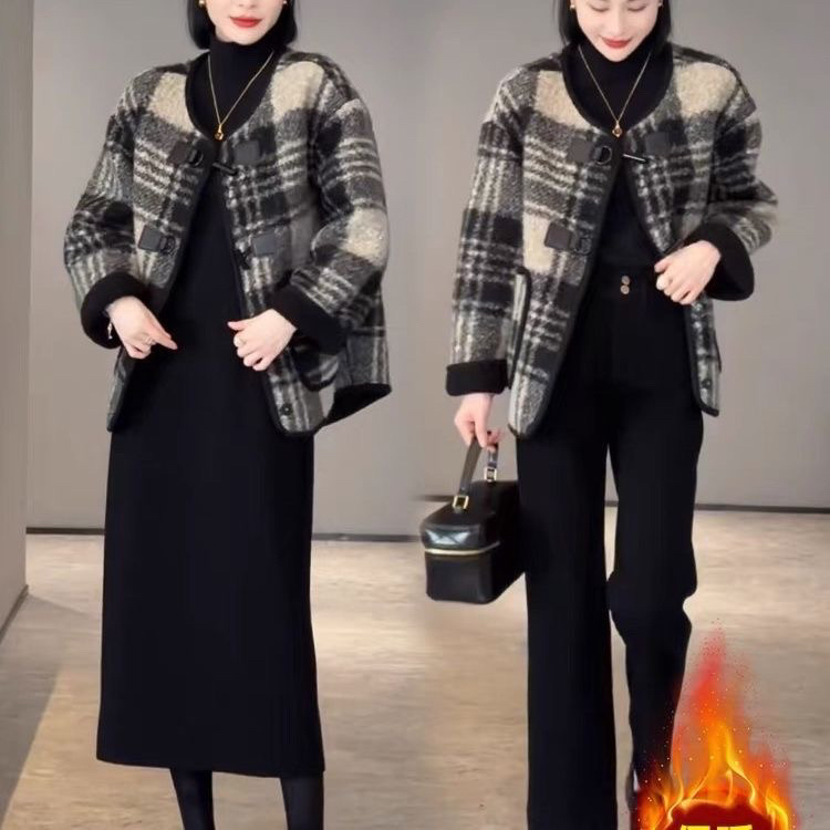 格子气质仿羊羔毛加绒外套女秋冬季新款韩版宽松显瘦毛呢大衣潮
