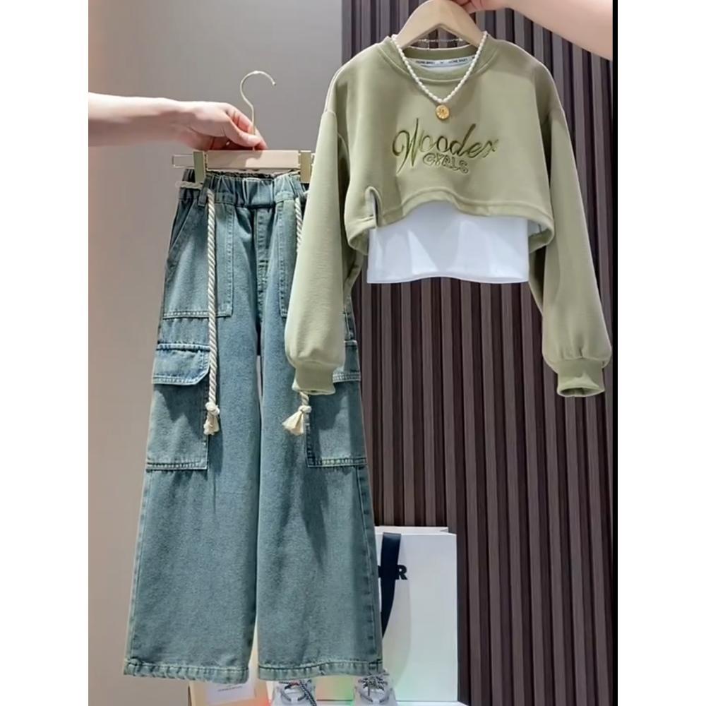 女童秋装套装2023新款韩版中大童女孩洋气卫衣牛仔阔腿裤三件套潮