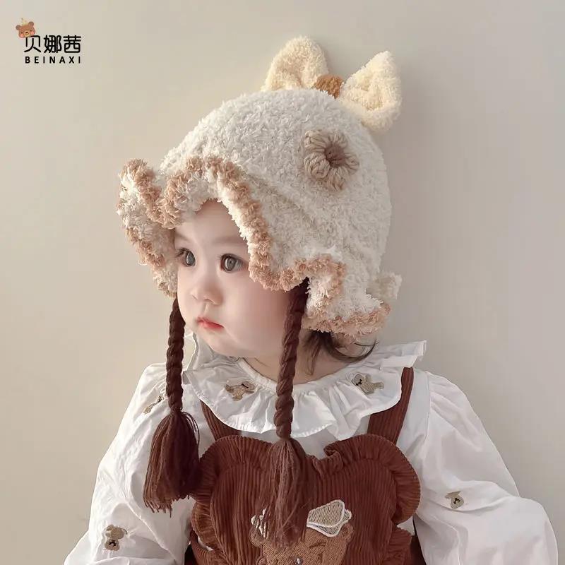 婴儿帽子秋冬款女宝宝假发辫子针织毛线帽盆帽护耳加厚可爱儿加绒
