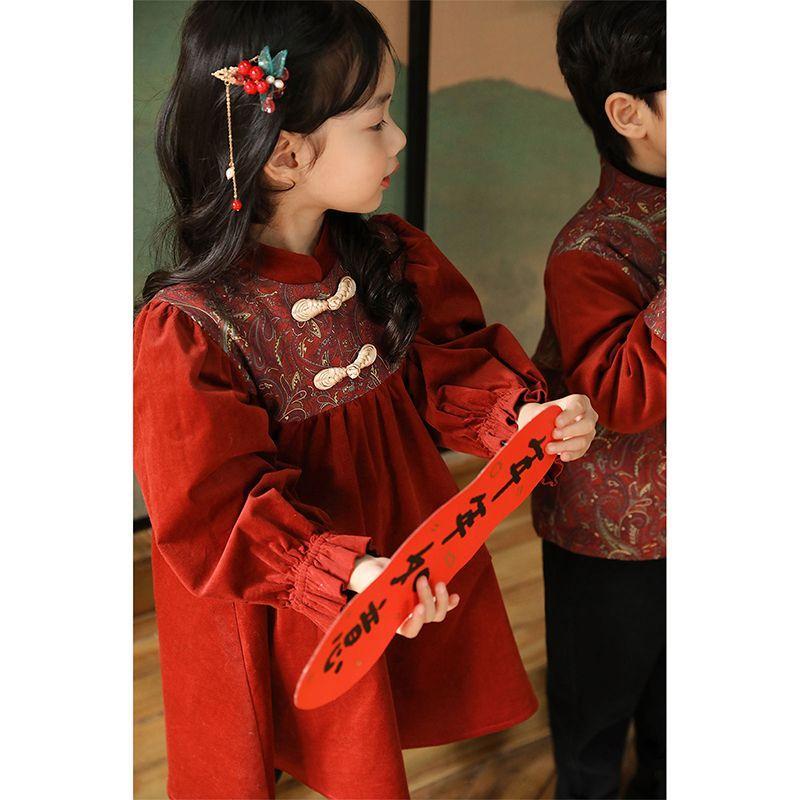 款民族风女童红色装儿童宝宝年礼服连衣裙