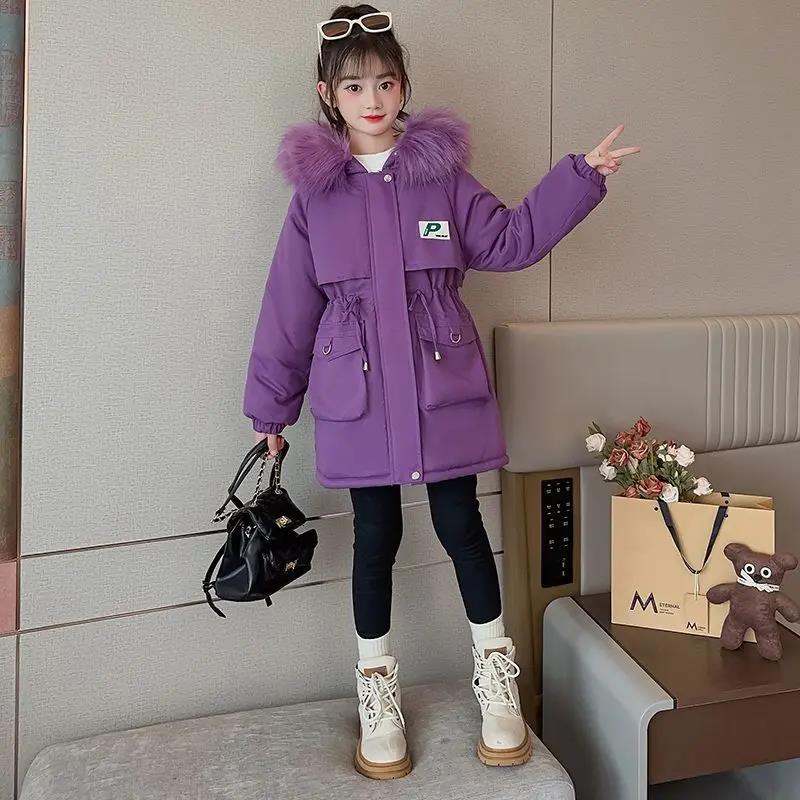 巴拉拉吧2024女童冬季加绒加厚棉衣中大童派克服小女孩中长款连帽