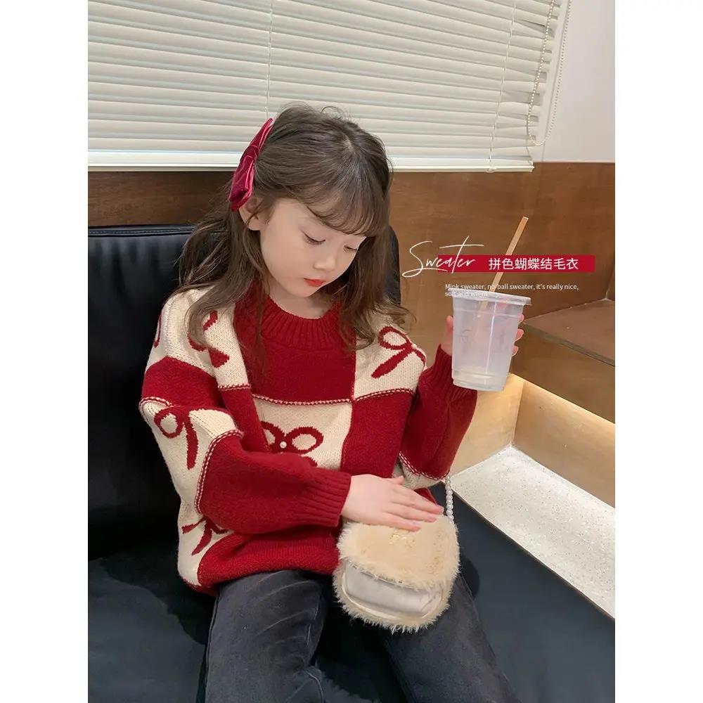 女童红色毛衣加绒加厚冬季装新款洋气儿童针织衫童装圣诞拜年线衣