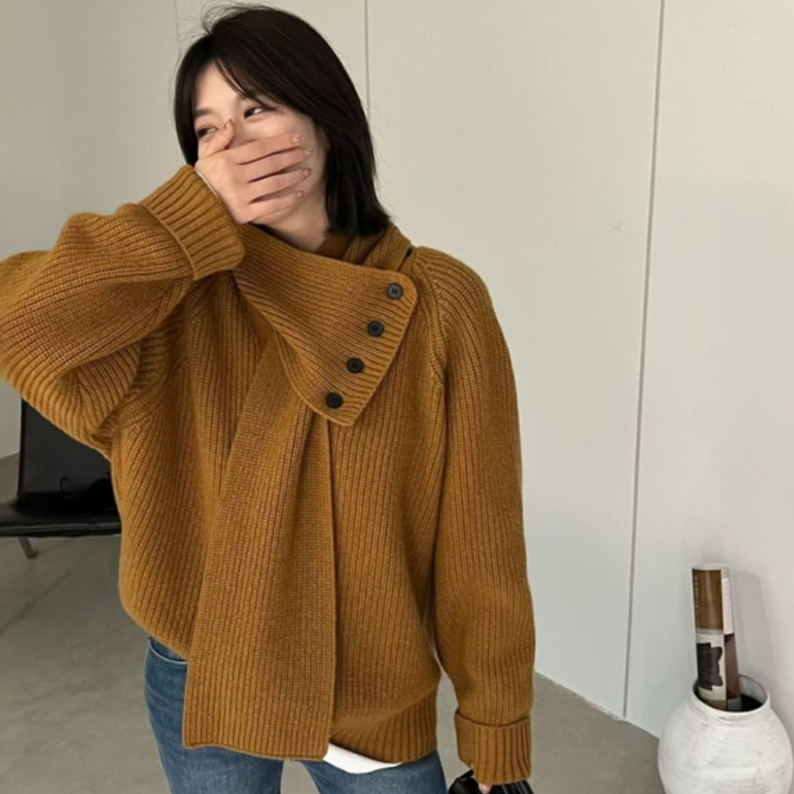 设计款可拆卸围脖 加厚毛衣女慵懒风宽松百搭针织衫v领秋冬季上衣