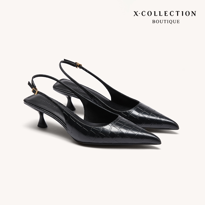 Xcollection24新品高端线鳄鱼纹酒杯跟尖头浅口一字带凉鞋女
