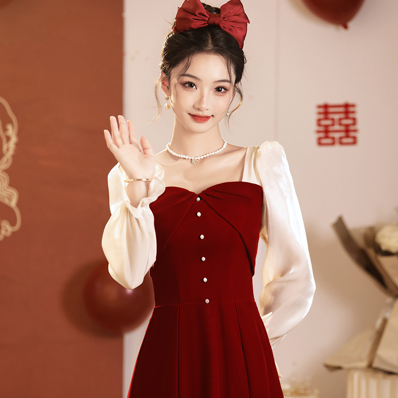 敬酒服新娘秋冬新款酒红色小个子结婚礼服订婚回门连衣裙平时可穿