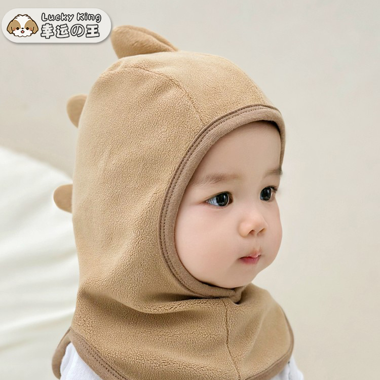 宝宝帽子秋冬季韩版恐龙婴儿摇粒绒防风连体帽男孩女童护耳围脖帽
