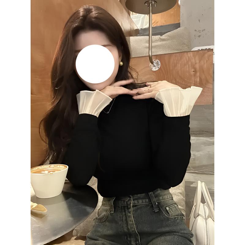 梦优莱秋冬季黑色半高领磨毛打底衫女内搭设计感显瘦喇叭袖T恤