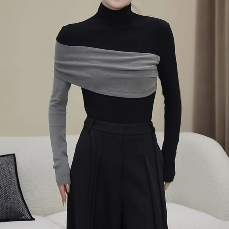 梦优莱春秋冬小众撞色长袖T恤加绒加厚打底衫女设计感半高领上衣