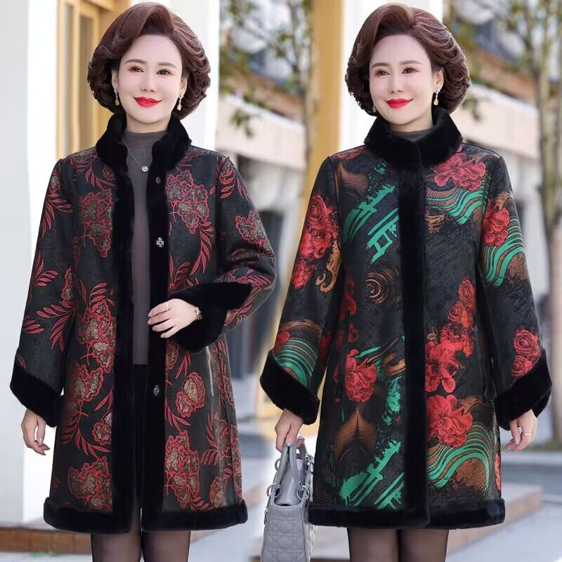 高档双面穿妈妈冬季加绒加厚保暖外套鹿皮绒高端中长款斜袖