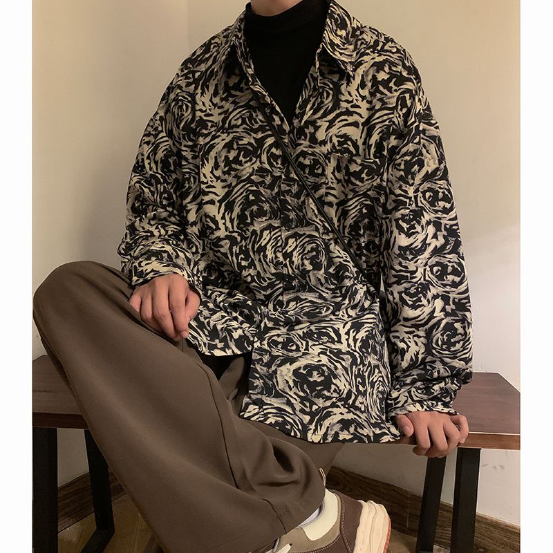日系衬衫男春秋季港风复古花衬衫高级感休闲宽松潮流百搭长袖衬衣