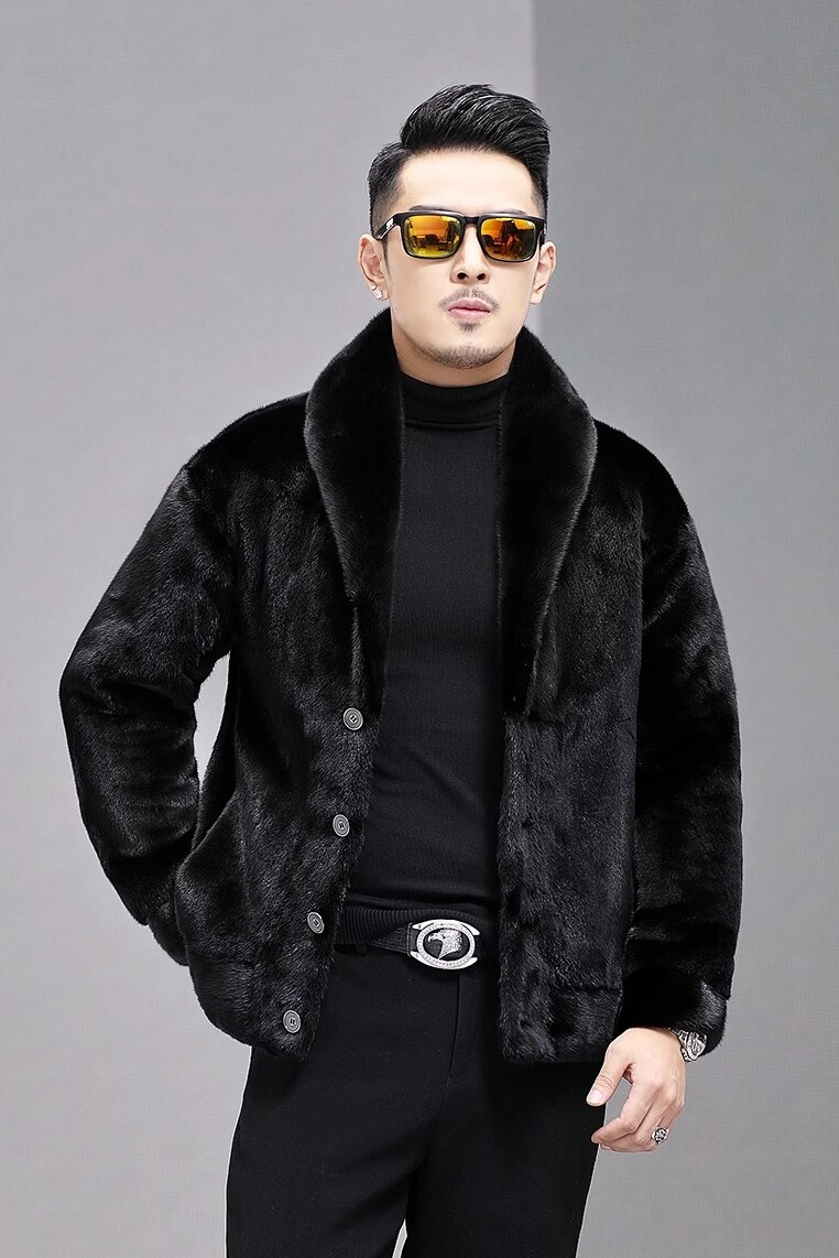 2025貂皮大衣男整貂外套皮草男青果领水貂毛皮毛一体纽扣夹克加大