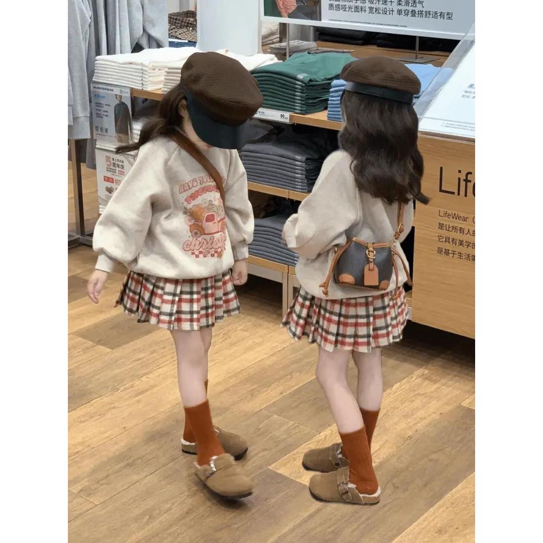 韩国儿童套装春秋印花加绒卫衣女童洋气时髦格子百褶裙半裙两件套