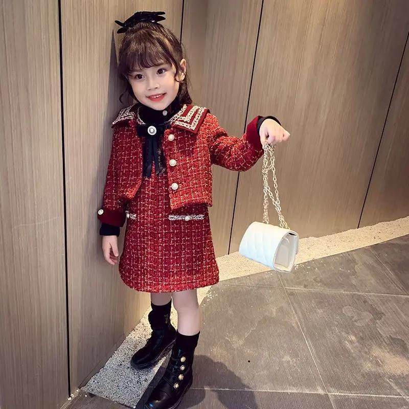 女童小香风套装裙冬装洋气儿童女宝宝外套背心裙小女孩春秋连衣裙