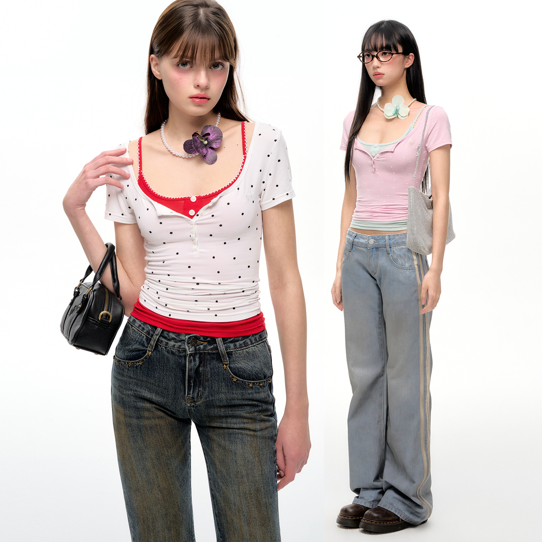 NECY三色波点半开短袖美式复古风街头正肩运动修身短袖时尚