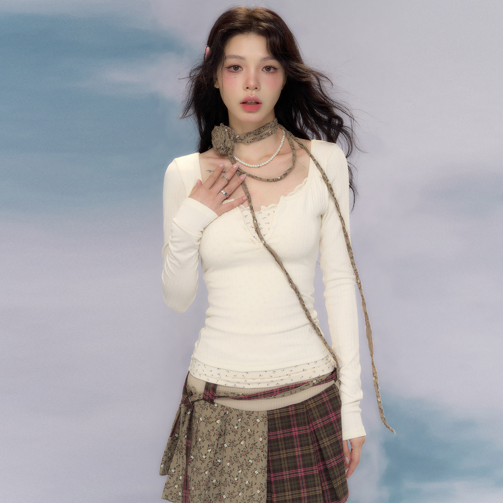 NECY【南法假日】假两件碎花打底长袖纯欲碎花拼接针织修身法式